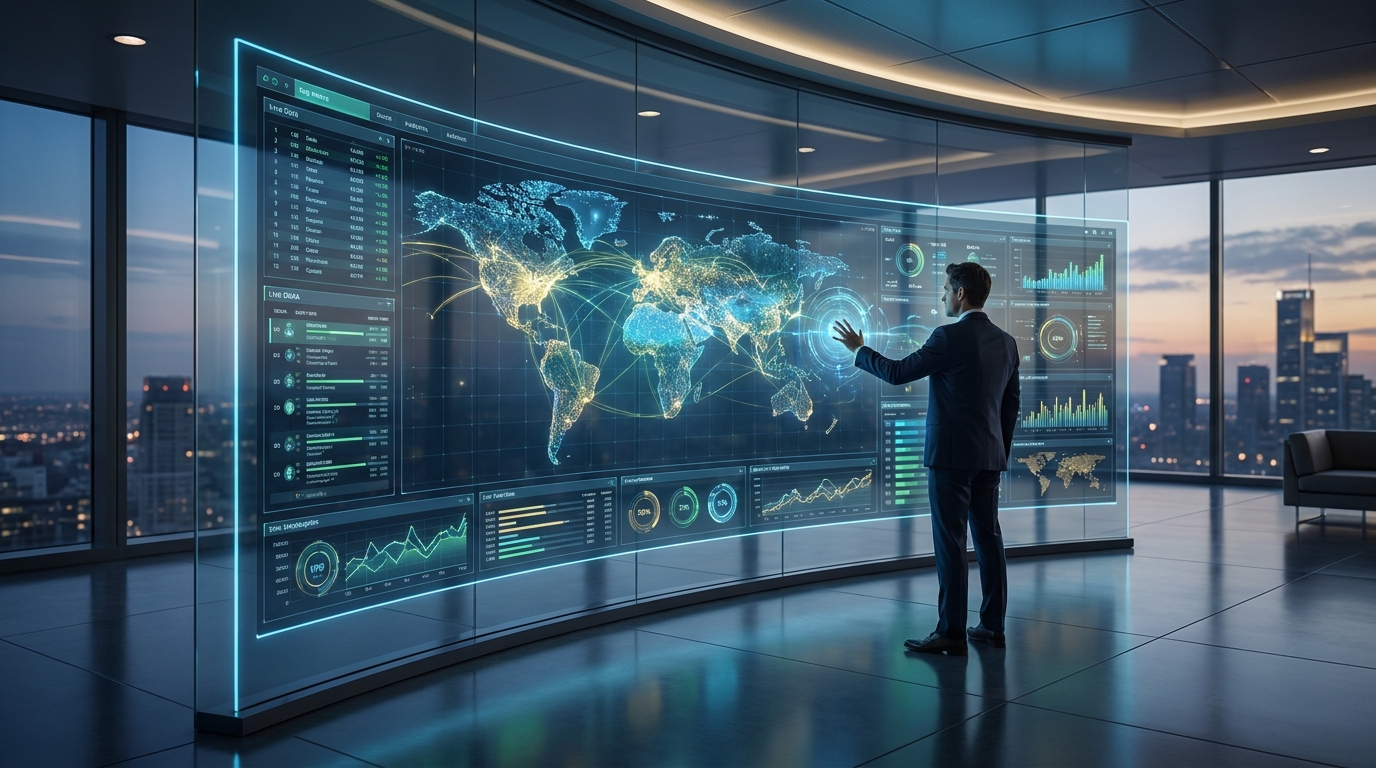 iptv resellers - A person managing a futuristic digital dashboard on