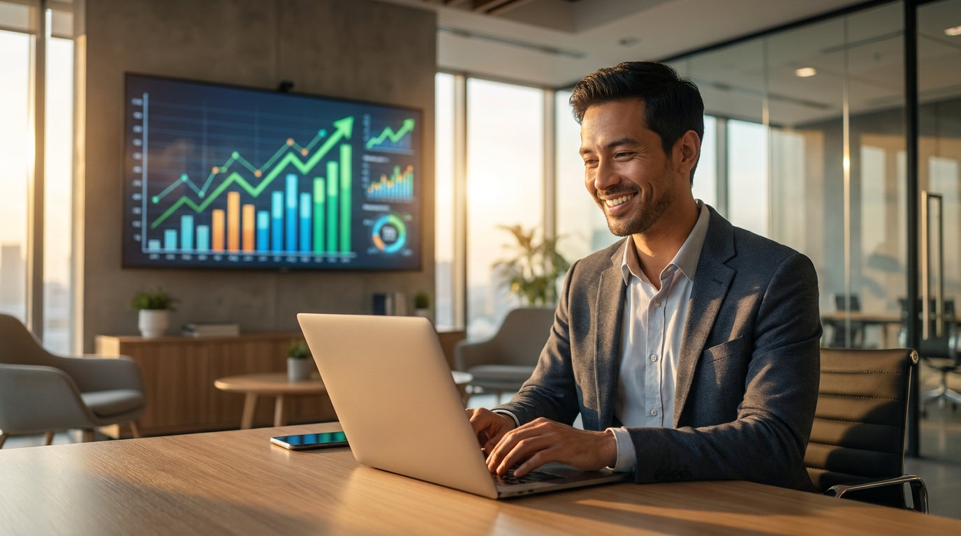 iptv resellers - A person on a laptop, smiling, with charts