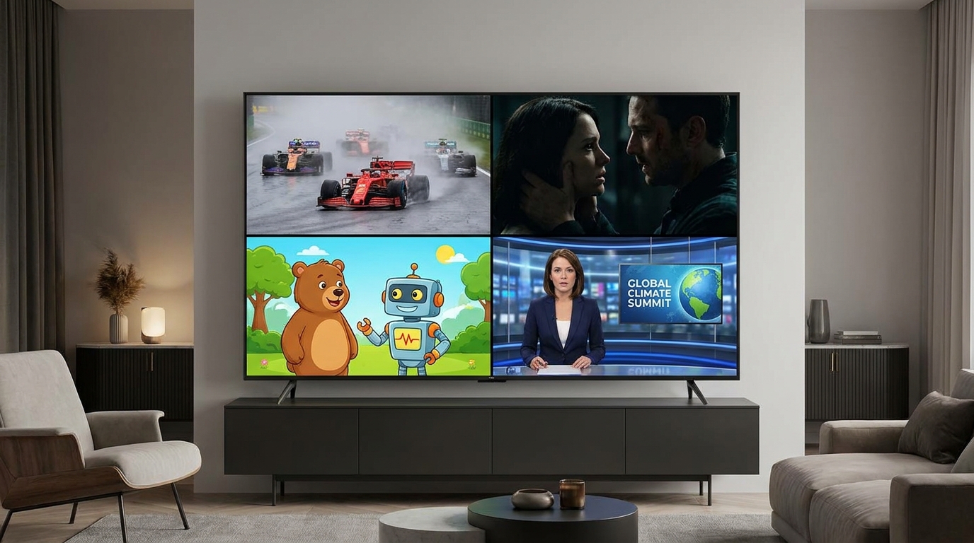 iptv service provider - A dynamic split-screen image showing four different genres