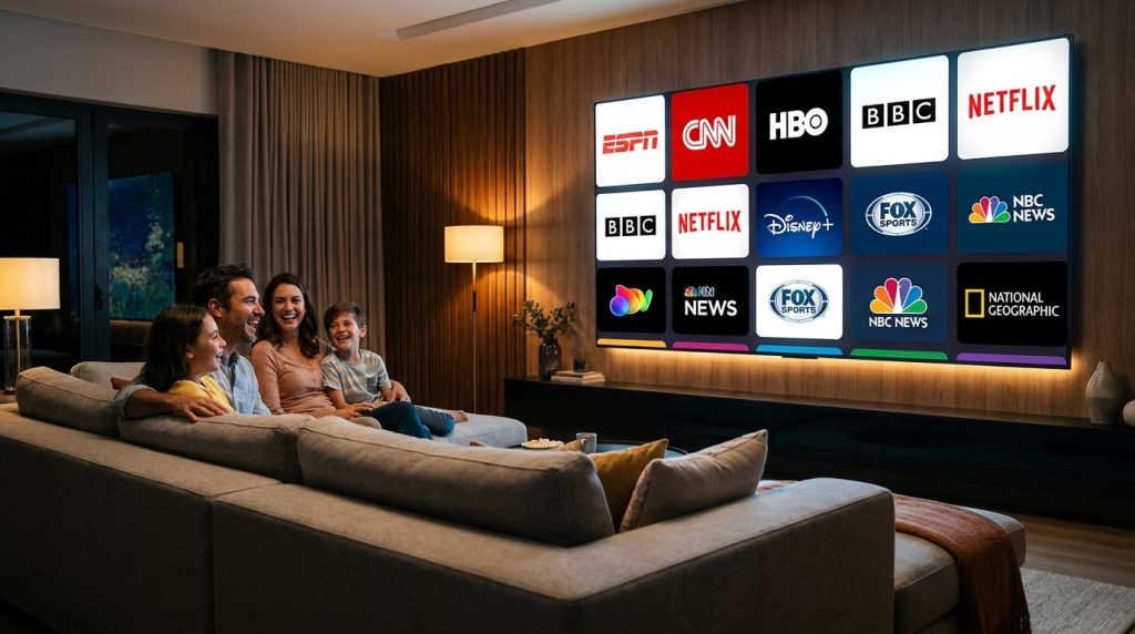 iptv service provider - A family sitting on a modern sofa, smiling