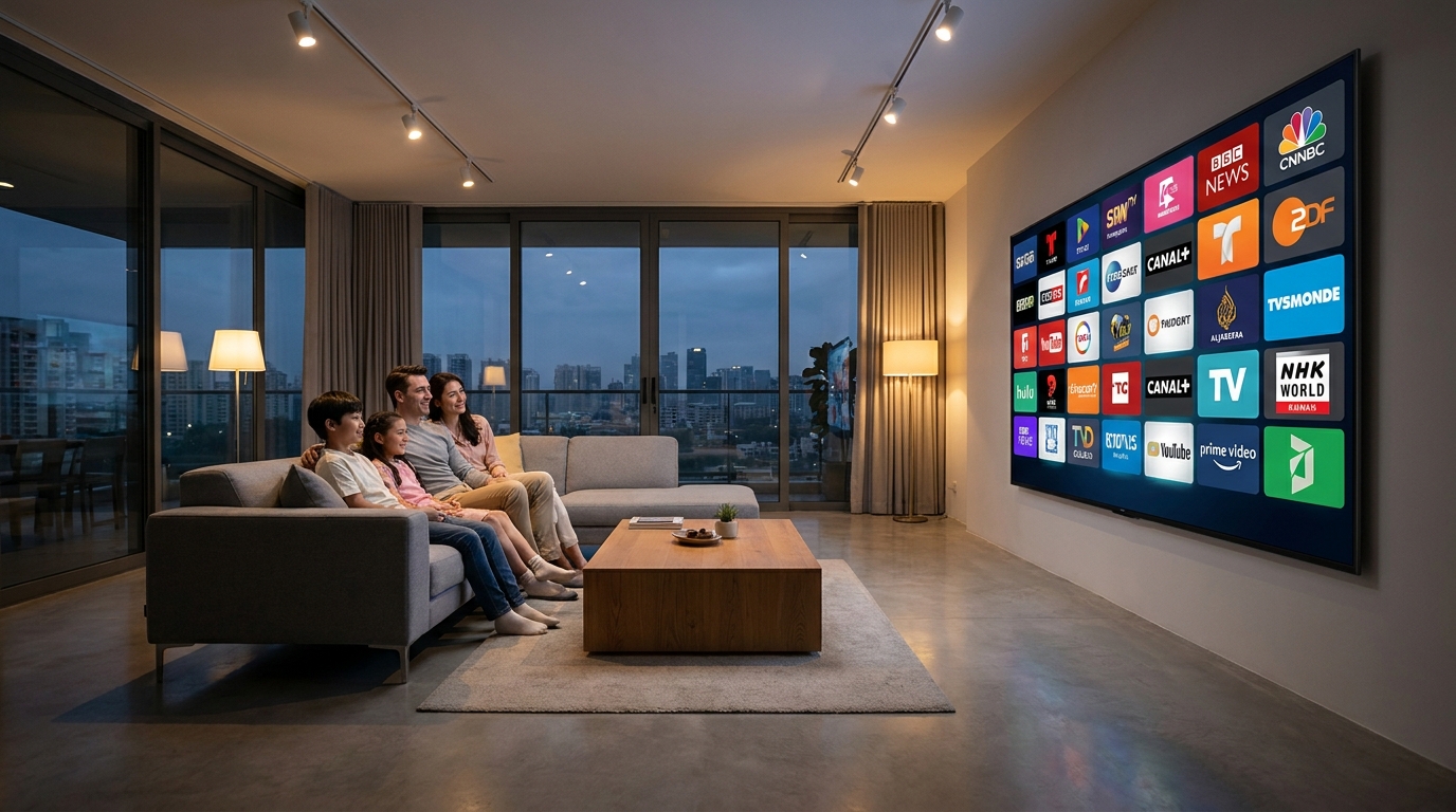 iptv streaming service - A sleek, modern living room with a large