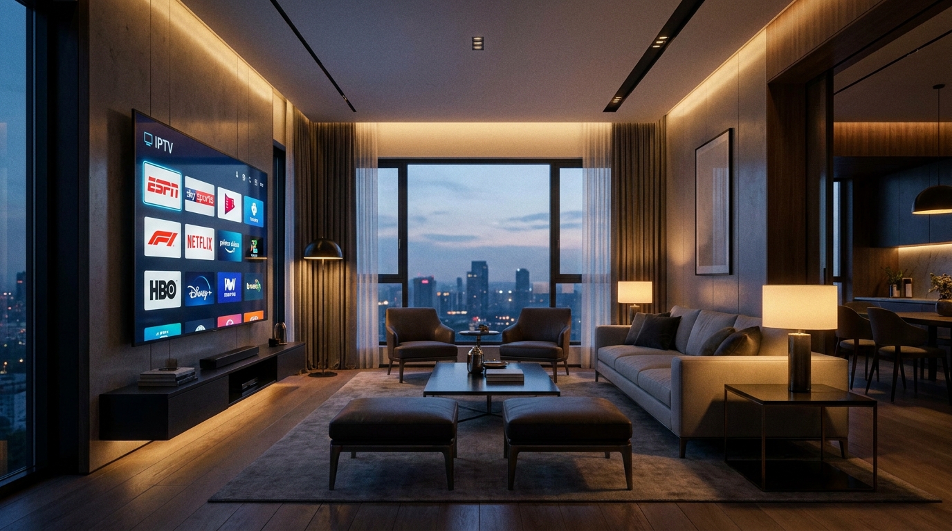 iptv suppliers - A sleek, modern living room with a large