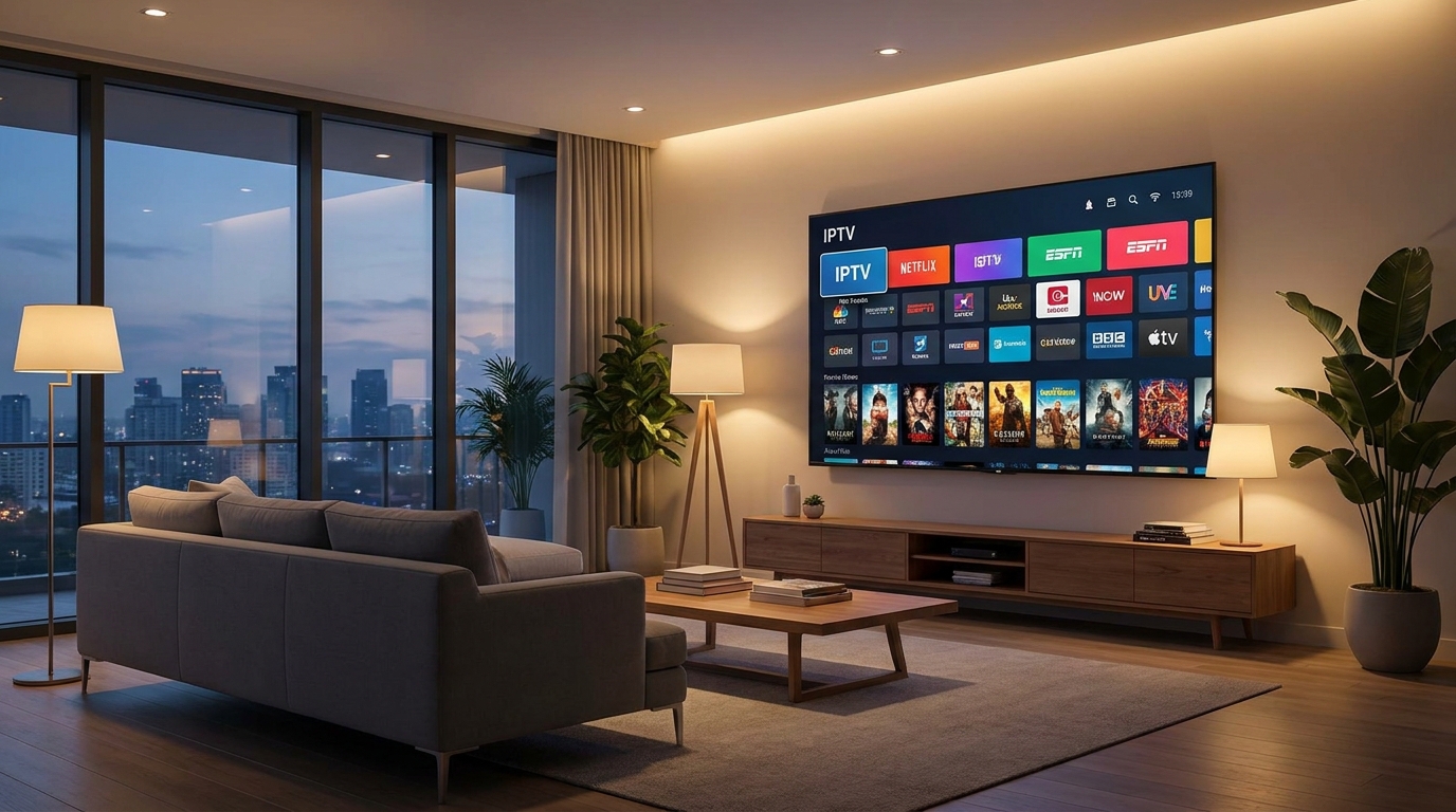 is iptv illegal in usa - A sleek, modern living room with a large