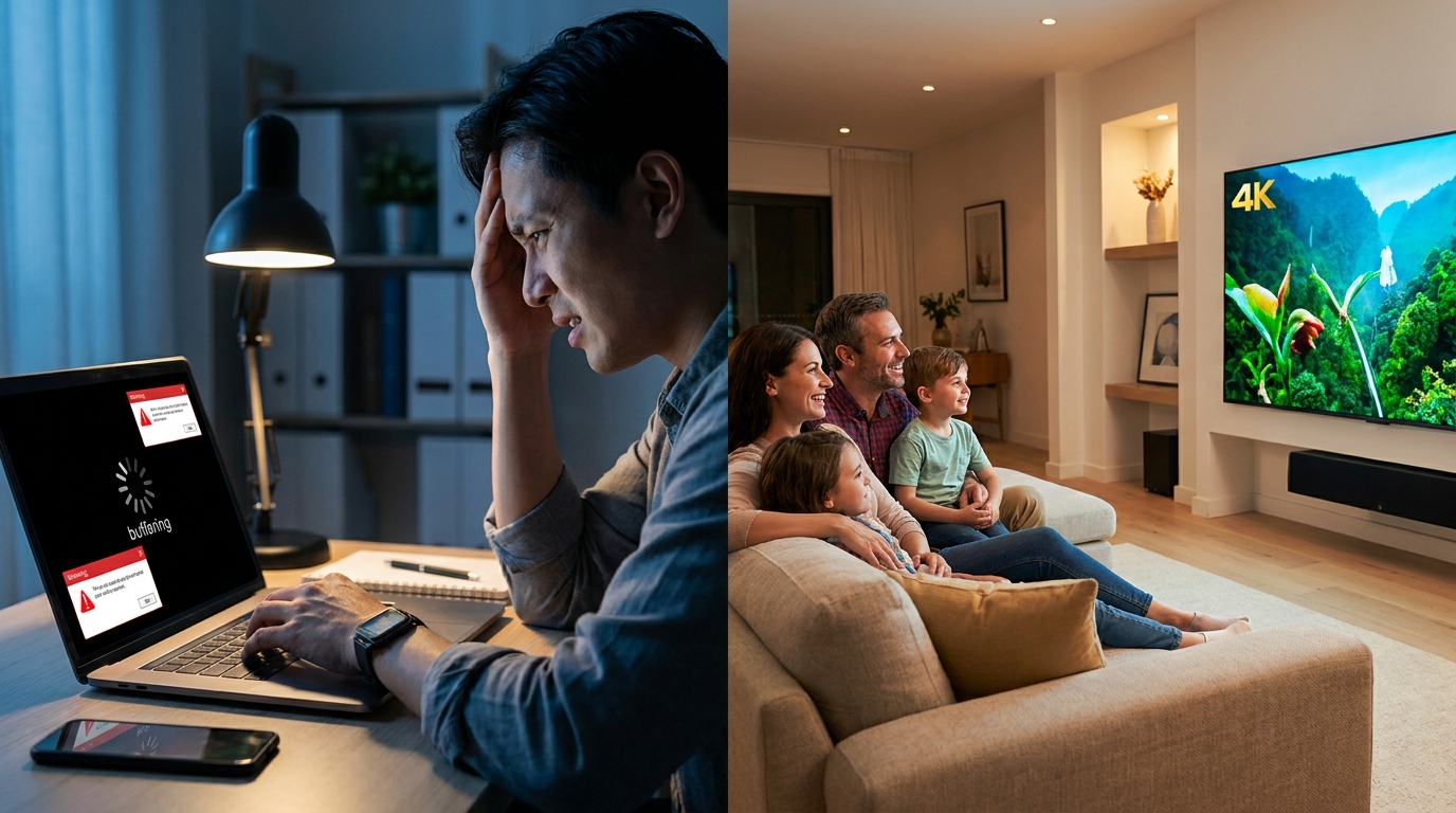 is iptv illegal in usa - A split-screen image: one side shows a frustrated
