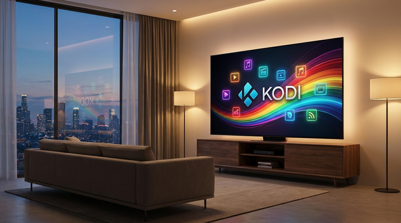 best adult iptv addon kodi - A sleek, modern living room with a large