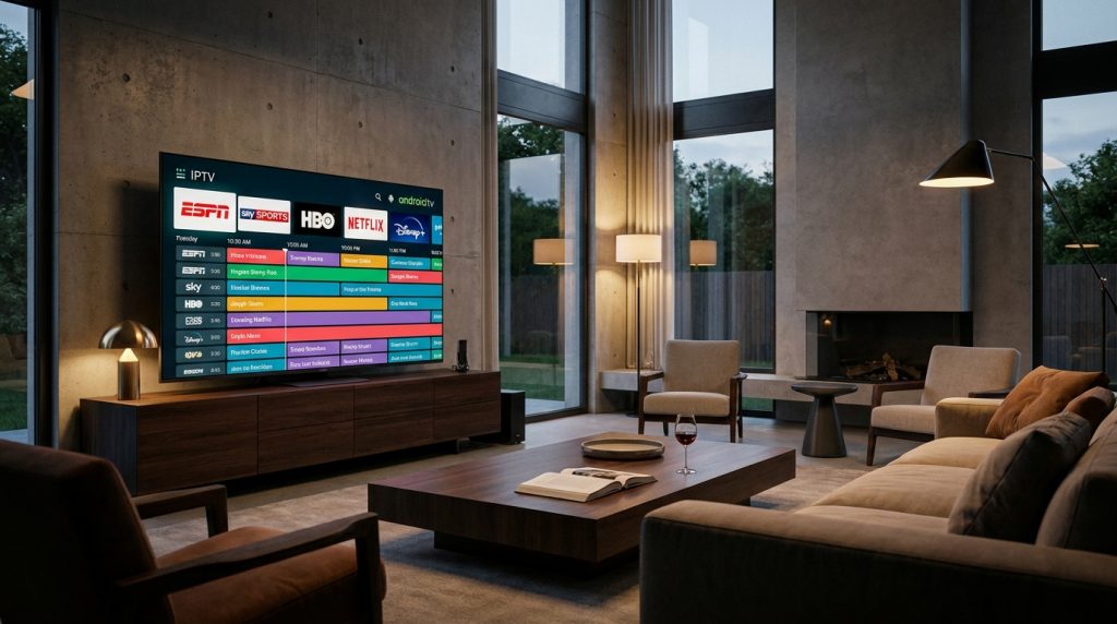 best free iptv app for android tv - A sleek, modern living room with a large