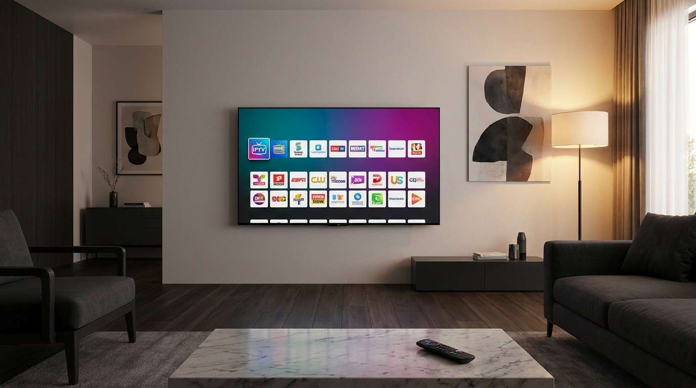 best free iptv for firestick - A sleek, modern living room with a large