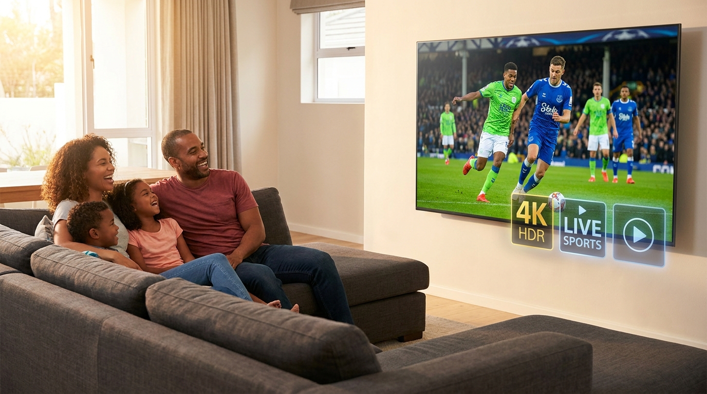 best iptv 2025 - A family happily sitting on a modern sofa,