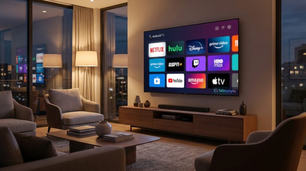 best iptv app for android - A sleek, modern living room with a large