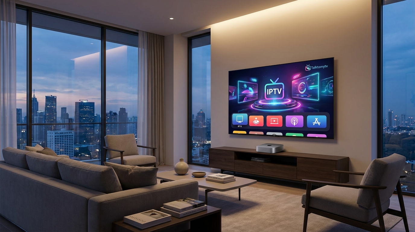 best iptv app for apple tv - A sleek, modern living room with a large