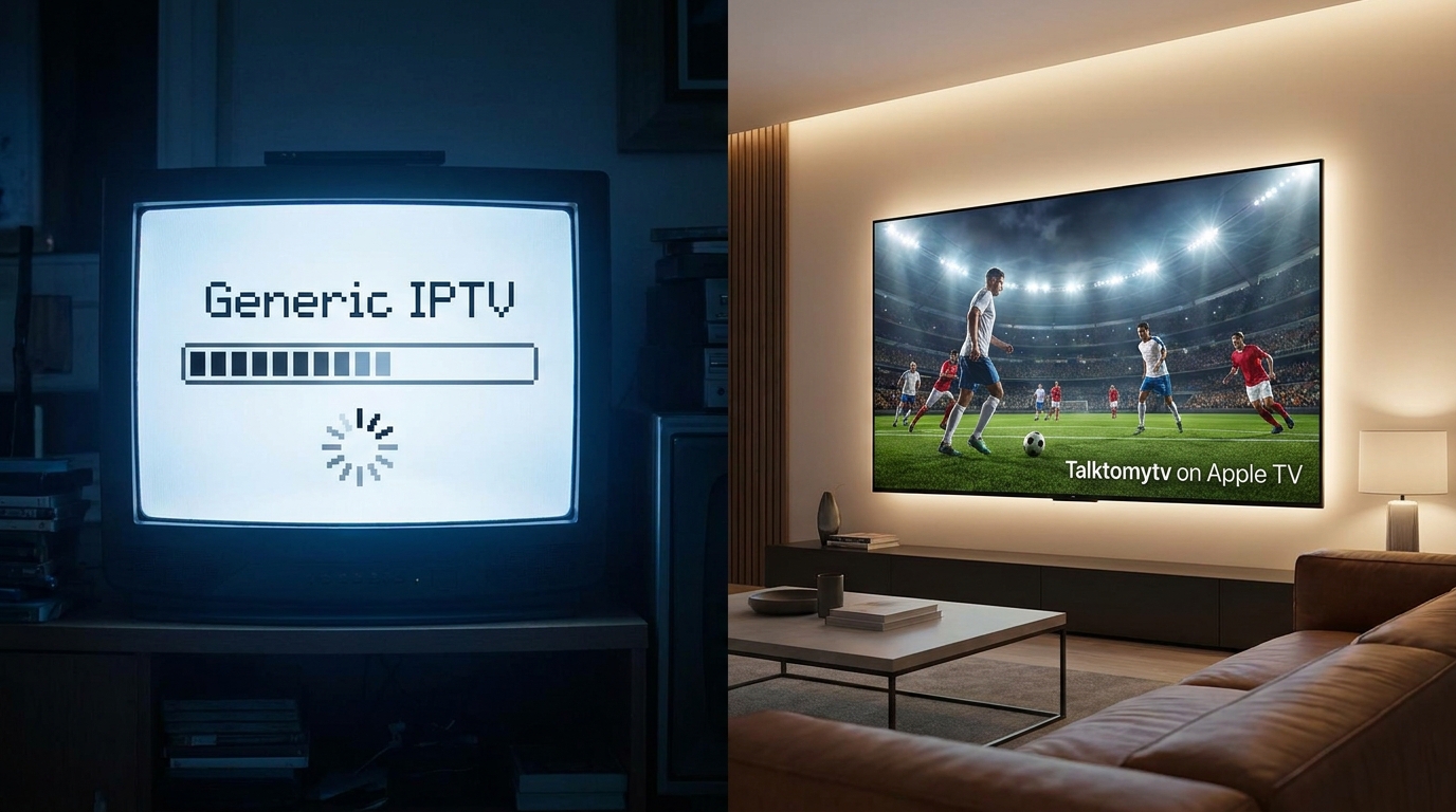 best iptv app for apple tv - A split-screen graphic. On the left, a frustrating,