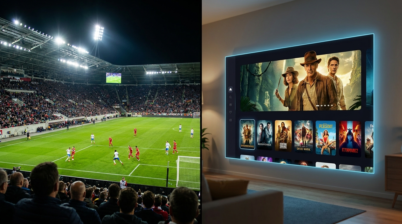 best iptv app for firestick reddit - A dynamic split-screen image showing a live football