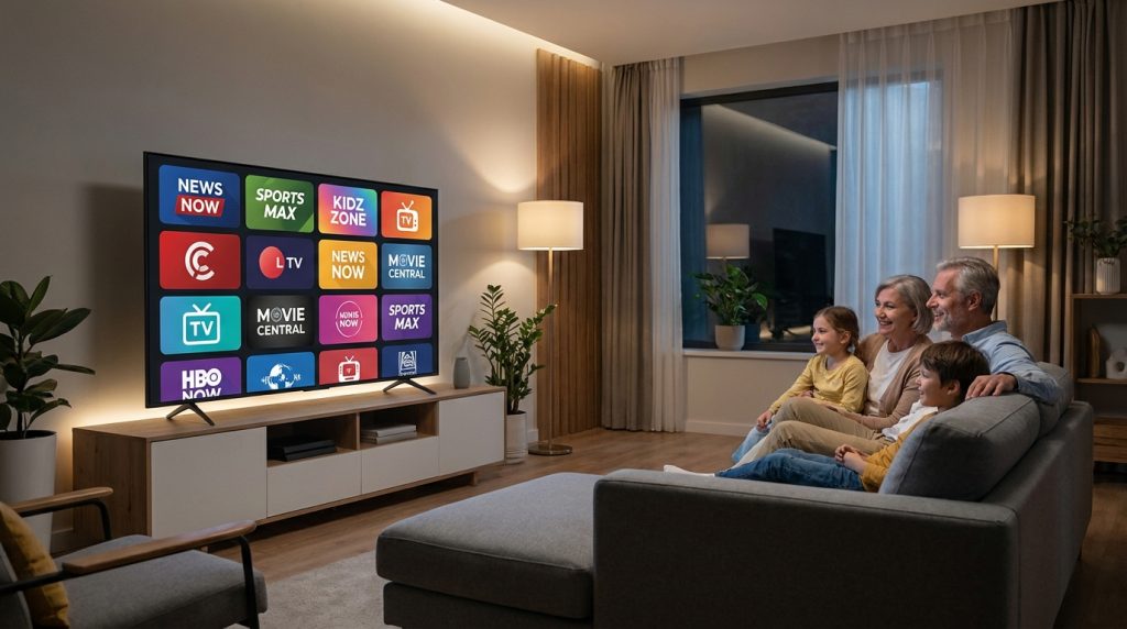 best iptv app for google tv - A sleek, modern living room with a large