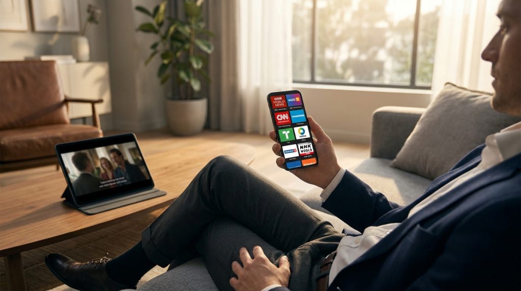 best iptv app for ios - A person relaxing on a couch, holding an