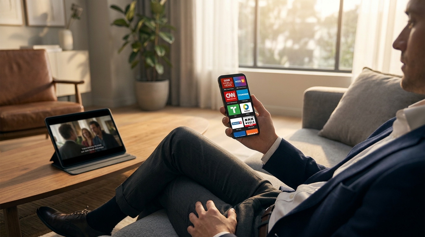 best iptv app for ios - A person relaxing on a couch, holding an