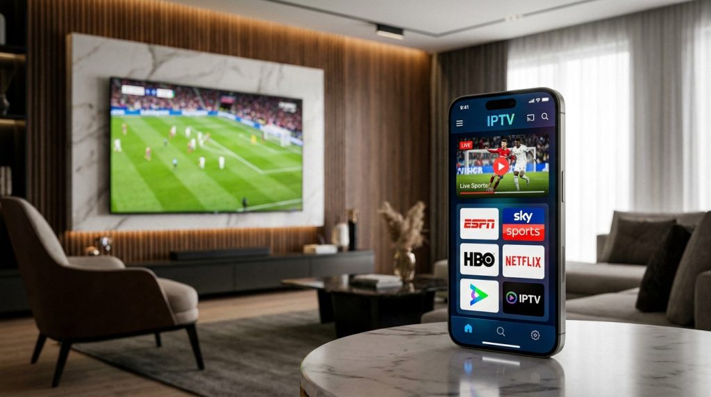 best iptv app for ios - A sleek, modern living room with an iPhone
