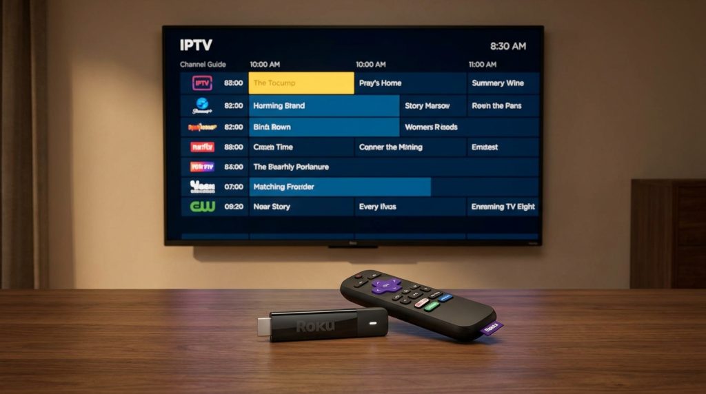 best iptv app for roku - A sleek Roku streaming stick next to a