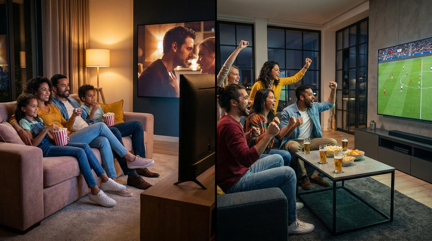 best iptv app for roku - A split-screen image showing a family watching a