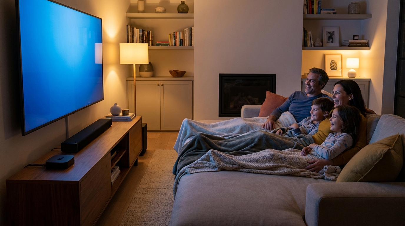 best iptv apple tv - A family enjoying a movie night in a