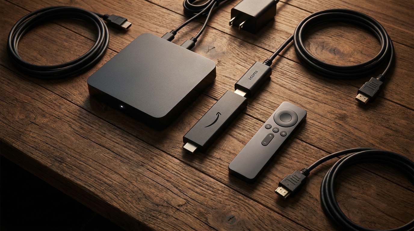 best iptv device - A flat-lay composition of various IPTV devices: an