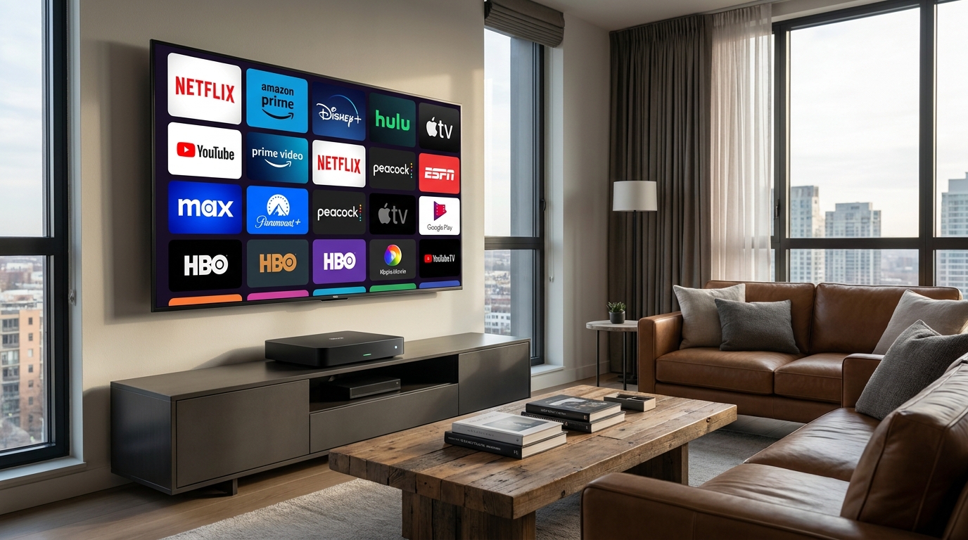 best iptv device - A sleek, modern living room with a large