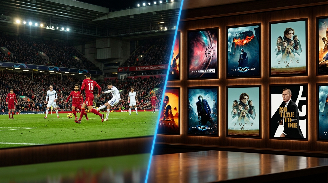 best iptv for firestick 2024 - A dynamic split-screen image showing a live football