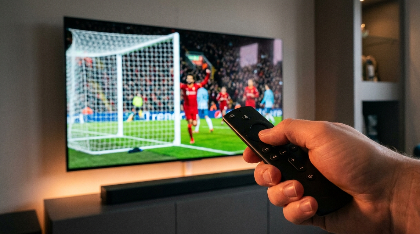 best iptv for firestick 2025 - A close-up shot of an Amazon FireStick remote