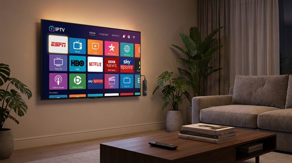 best iptv for firestick 2025 - A sleek, modern living room with a large