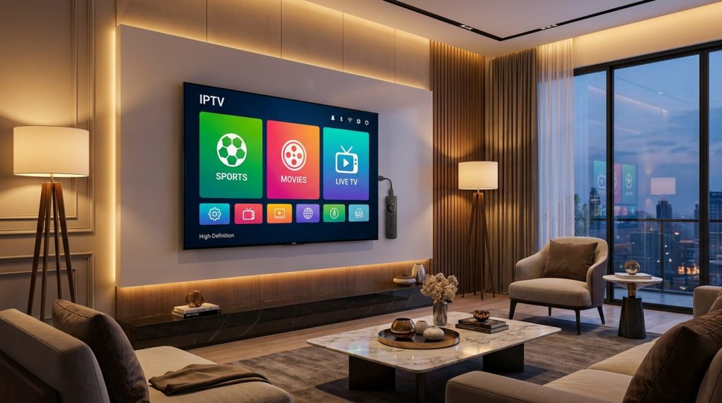 best iptv for firestick - A modern living room with a large TV