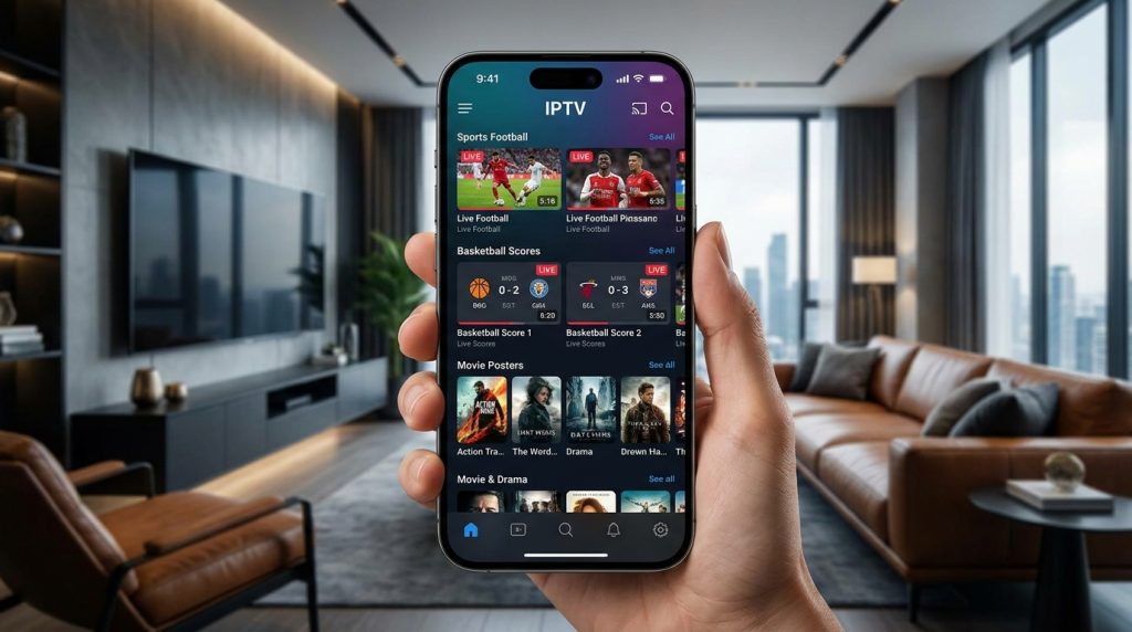 best iptv iphone app - A sleek iPhone displaying a vibrant IPTV interface