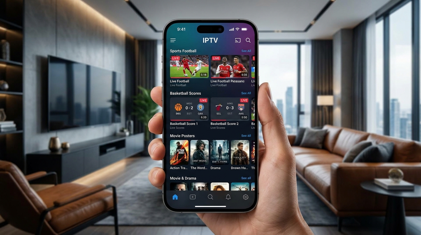 best iptv iphone app - A sleek iPhone displaying a vibrant IPTV interface