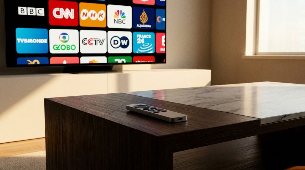 best iptv player apple tv - A sleek Apple TV remote resting on a