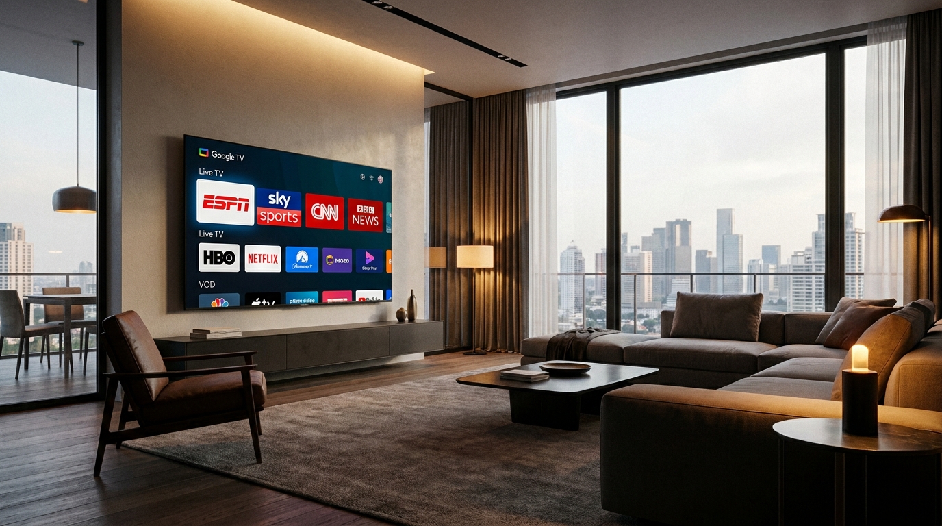 best iptv player for google tv - A modern living room with a large Google