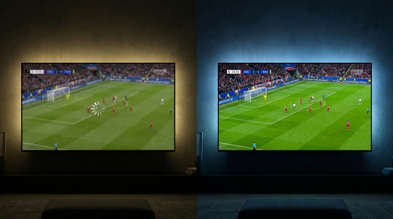 best iptv player for google tv - A split-screen graphic comparing a low-quality, buffering IPTV