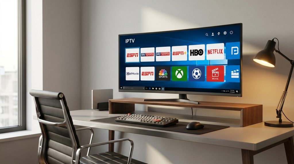 best iptv player for windows - A sleek, modern home office setup with a