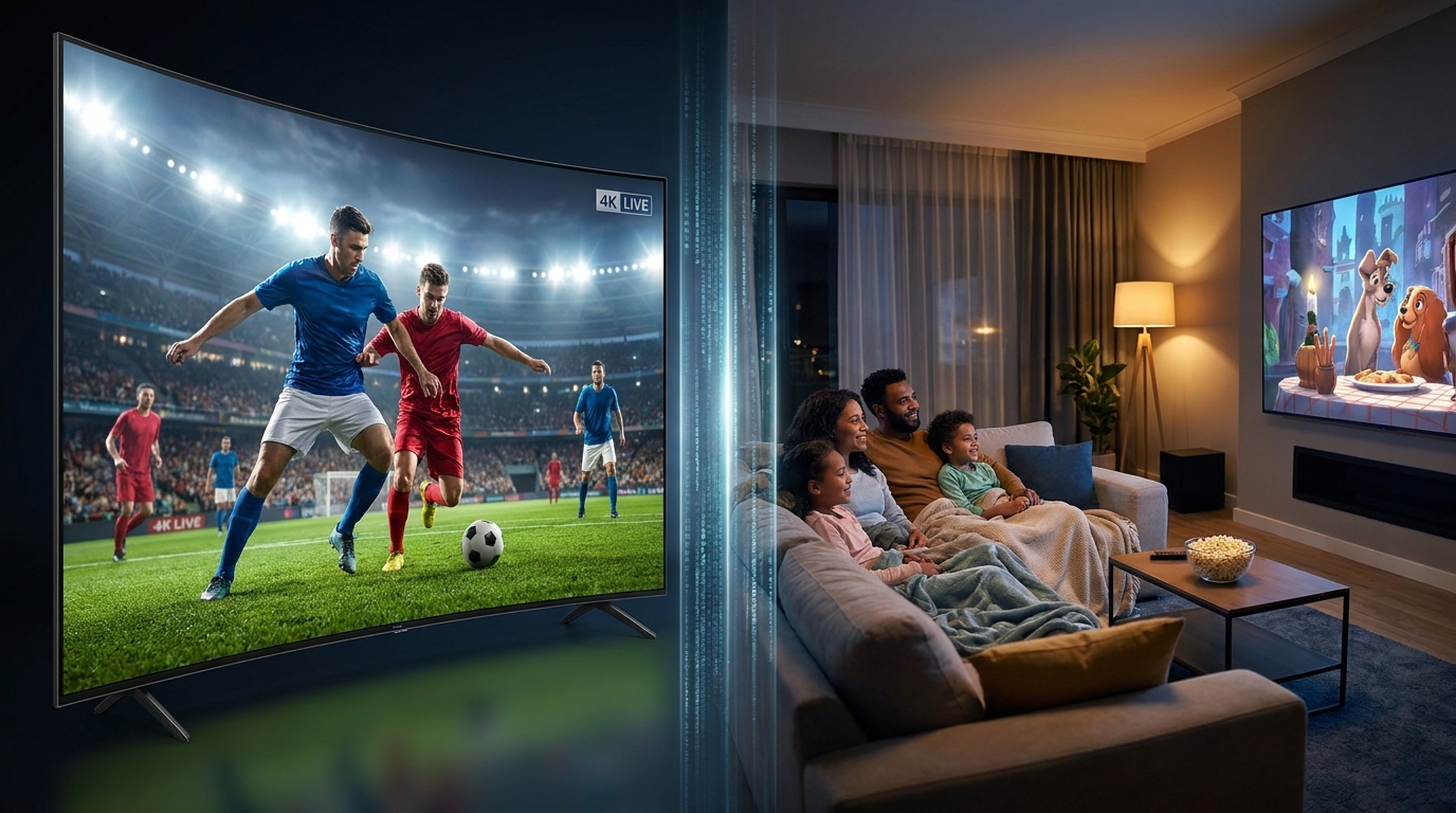 best iptv player on pc - A split-screen image showing a football match in