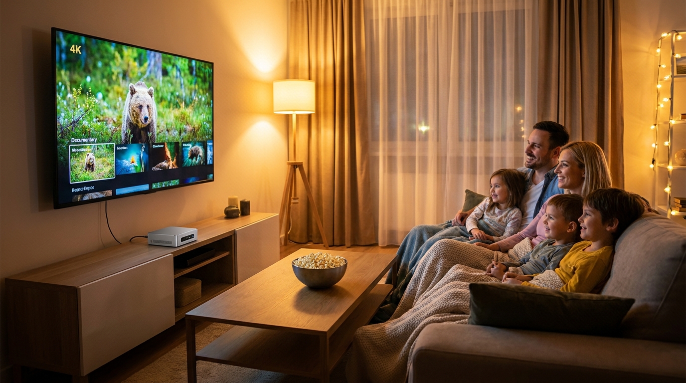 best iptv player windows - A family watching a 4K movie on a