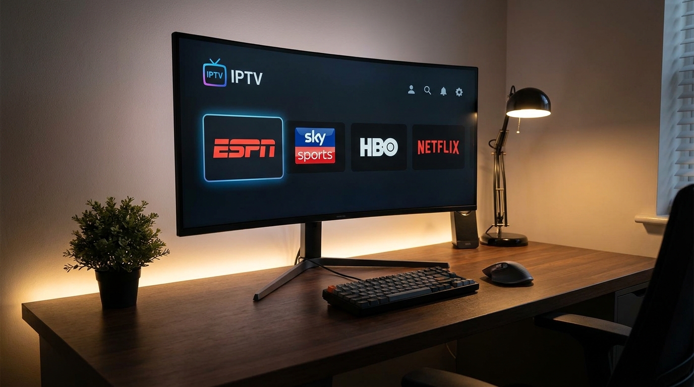 best iptv player windows - A sleek, modern desktop setup with a Windows