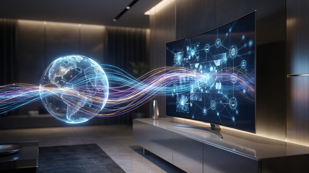 best iptv playlist - A futuristic and sleek hero image showing glowing