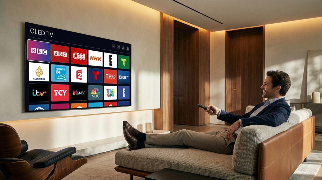 best iptv reddit - A modern, sleek living room with a large