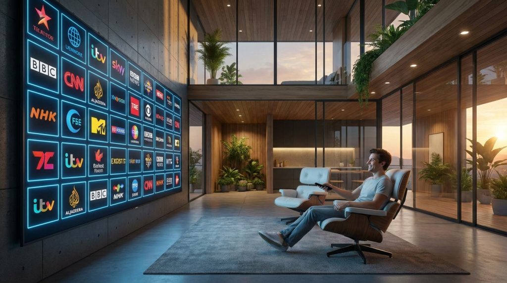 best iptv service reddit - A futuristic living room with a massive TV