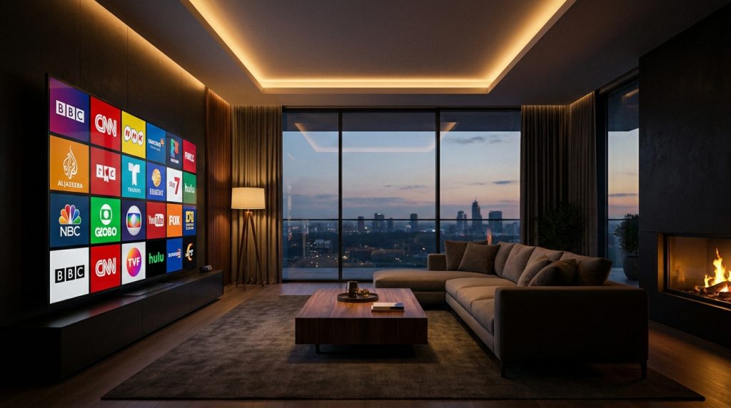best iptv services 2025 - A sleek, modern living room with a large