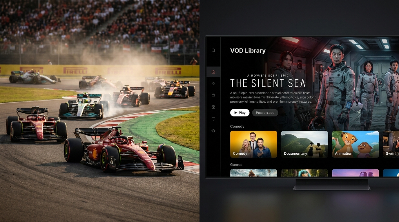 best iptv services - A split-screen image showing a live F1 race