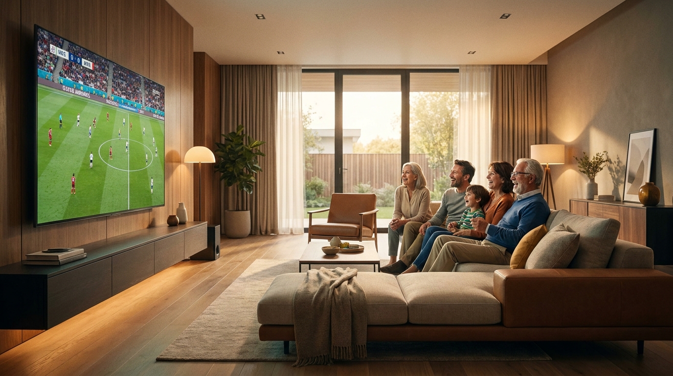 best iptv subscription - A family sitting comfortably on a sofa in