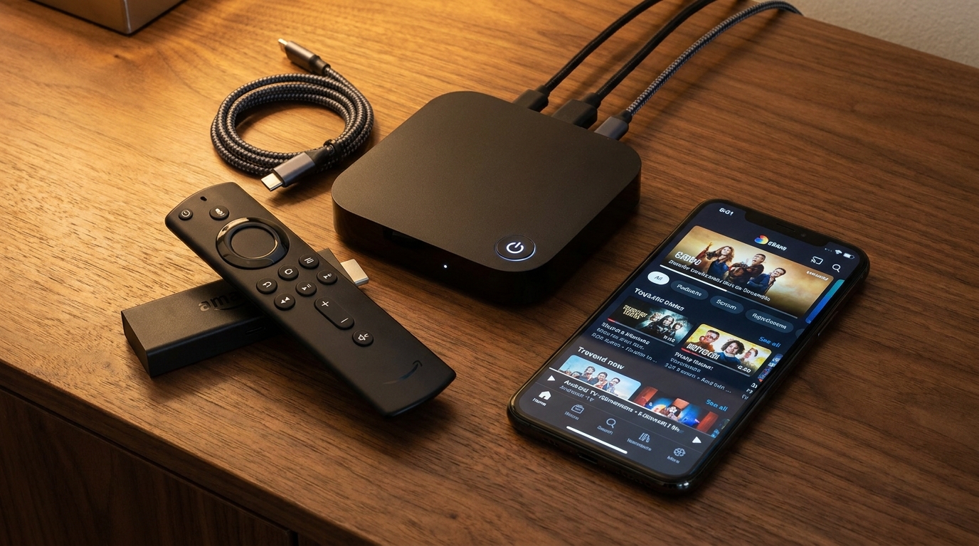 best paid iptv - A close-up shot of various streaming devices like