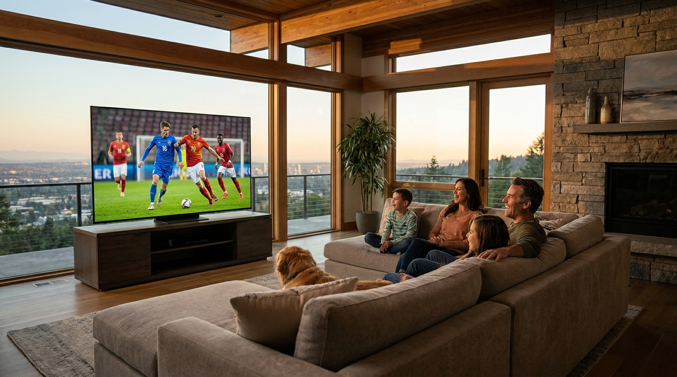 best paid iptv - A family enjoying a movie in a modern