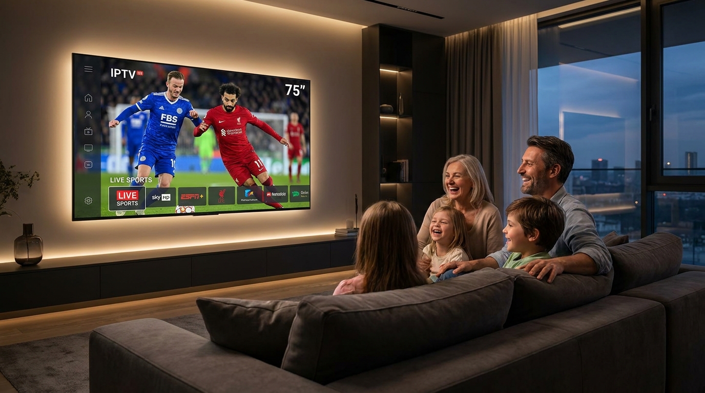best player for iptv - A hyper-realistic 4K shot of a family on