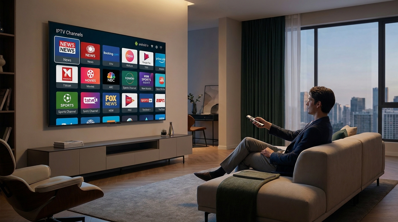 best player for iptv - A sleek modern living room with a person