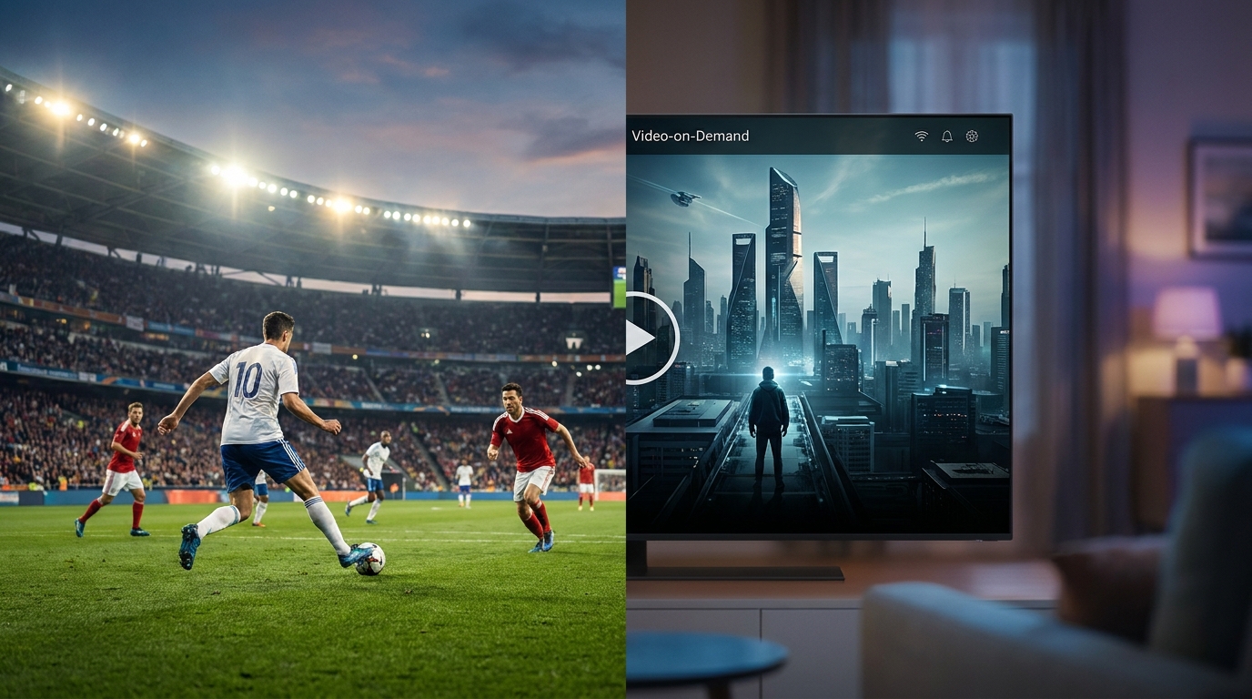 reddit best iptv - A dynamic split-screen image showing a live football