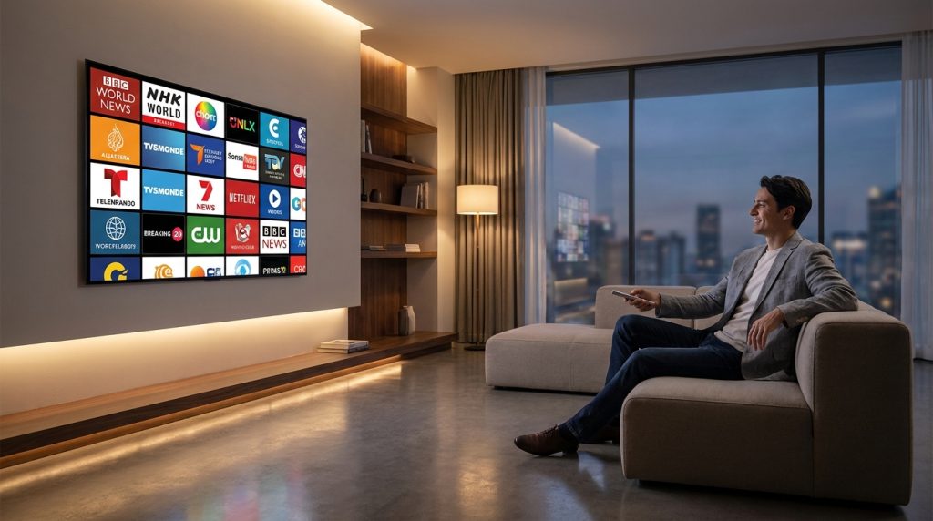 reddit best iptv - A sleek, modern living room with a large